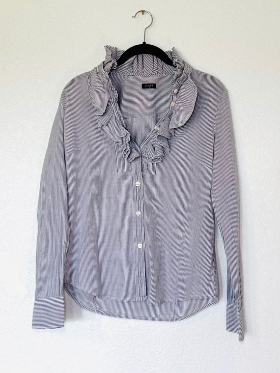 J. Crew Factory Tops - J.Crew Blouse Women's S Cotton Gray Striped Ruffle Collar Office Workwear Cotton